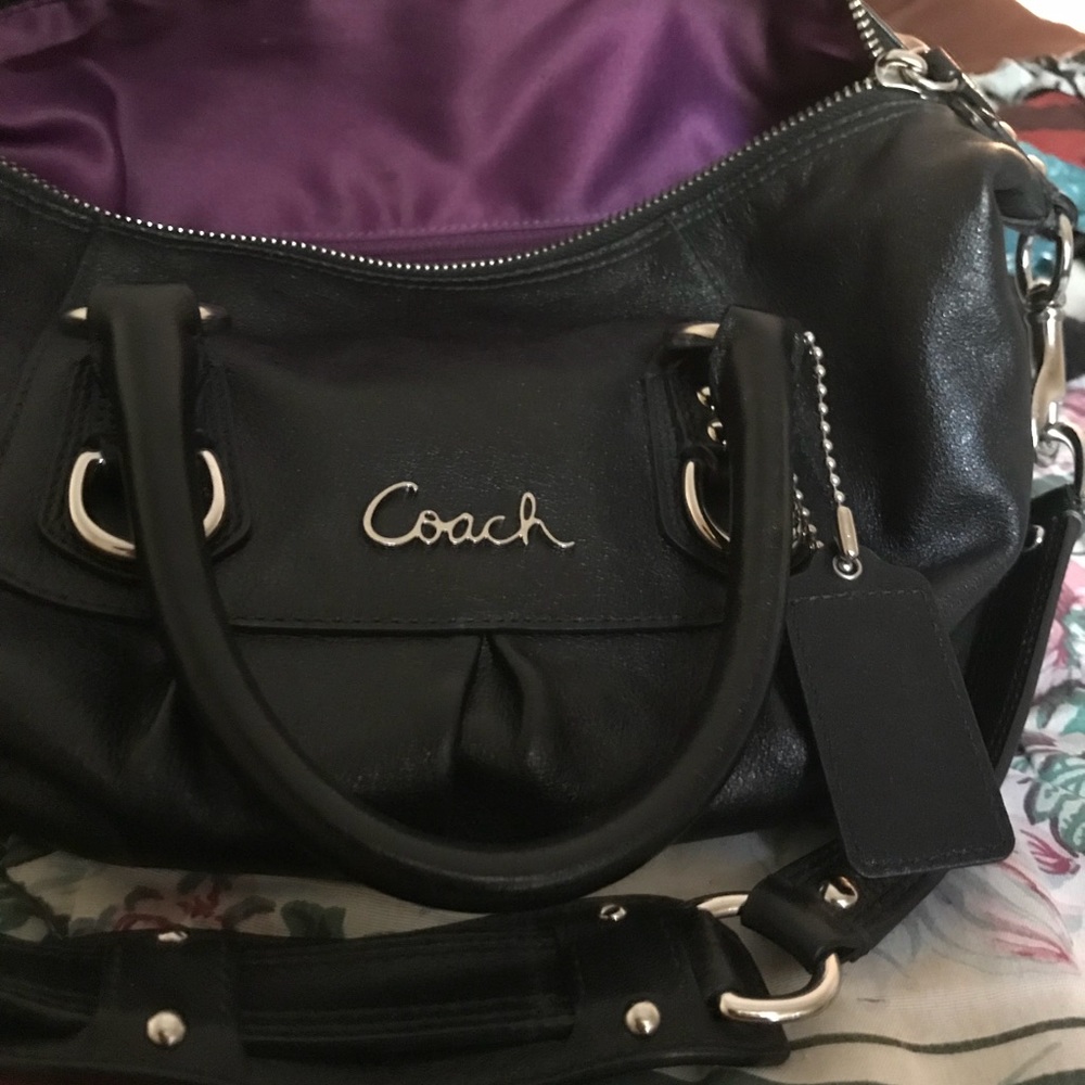 Coach handbag, black leather, purple interior